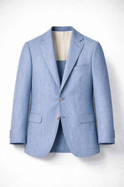 Blue pinstripe suit jacket on a white background